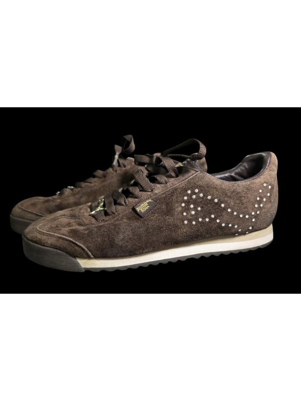 Y2K VTG Puma Roma Womens Brown Suede Rhinestone Logo Sneakers Slim Low Sz US 8